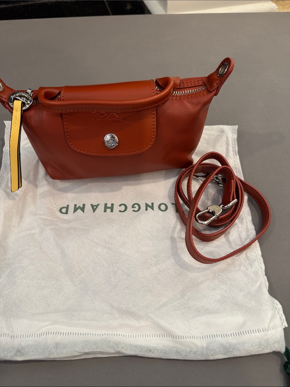 Longchamp small leather crossbody in brick orange